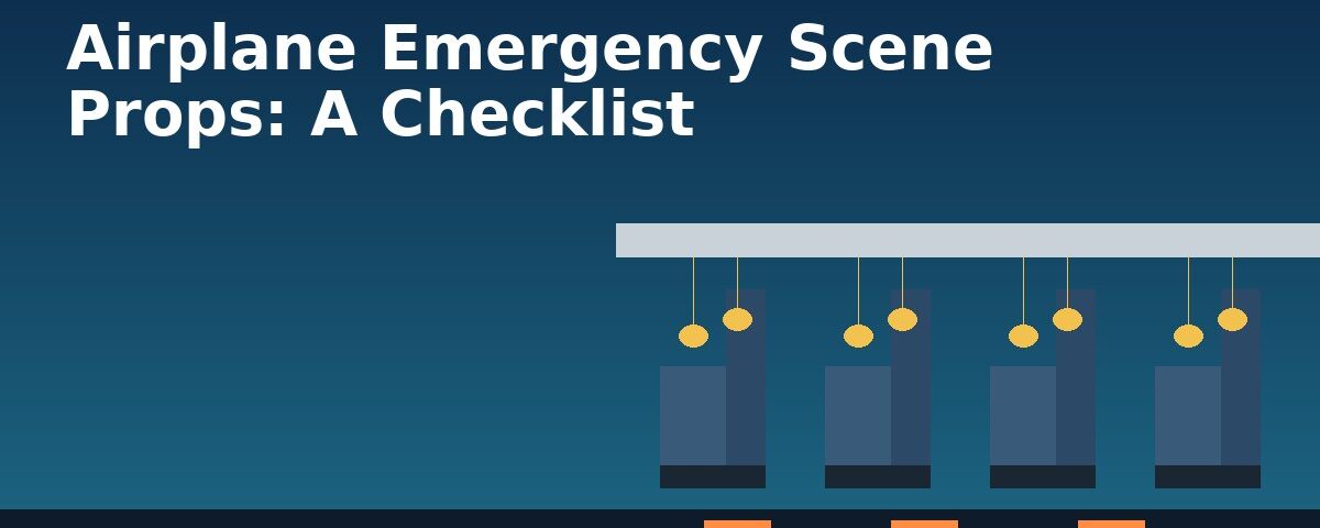 Illustration of an airplane cabin with oxygen masks dropping over seats – airplane emergency scene props checklist