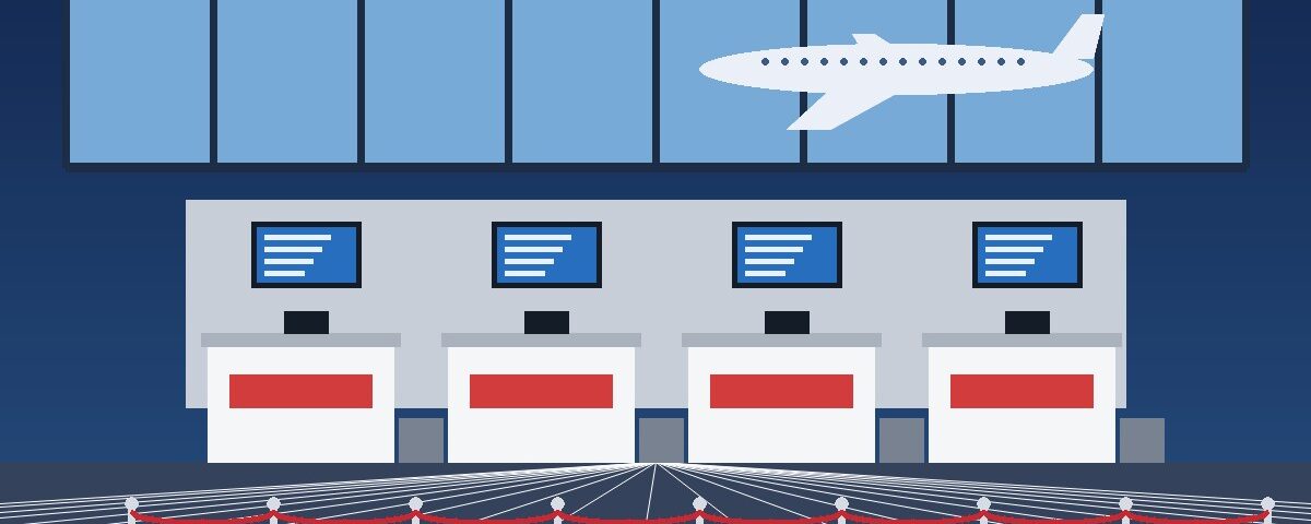 Illustration of airport check-in counters with a monitor back wall and stanchion queue – airport check-in counter set dressing guide