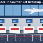 Illustration of airport check-in counters with a monitor back wall and stanchion queue – airport check-in counter set dressing guide