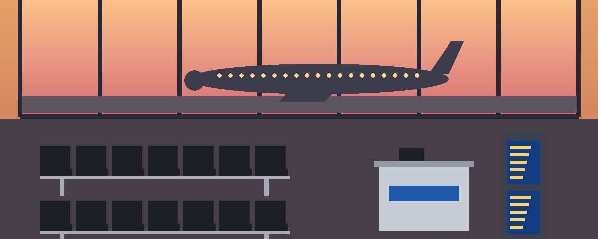 Illustration of an airport departure gate with rows of terminal seating, a gate podium and a flight information display – airport gate set dressing guide
