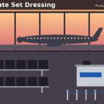 Illustration of an airport departure gate with rows of terminal seating, a gate podium and a flight information display – airport gate set dressing guide