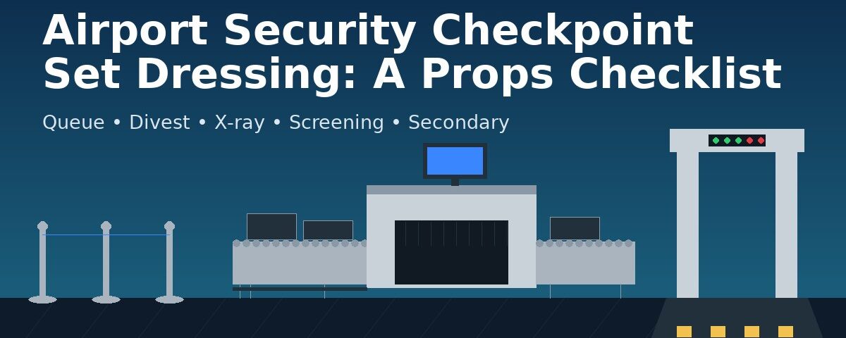 Illustration of an airport security checkpoint with stanchions, X-ray machine and metal detector – security checkpoint set dressing checklist