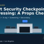 Illustration of an airport security checkpoint with stanchions, X-ray machine and metal detector – security checkpoint set dressing checklist