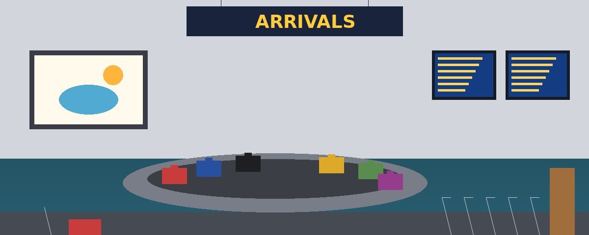Illustration of an airport baggage claim with a luggage carousel, luggage carts, an Arrivals sign and flight screens – baggage claim set dressing guide