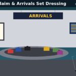 Illustration of an airport baggage claim with a luggage carousel, luggage carts, an Arrivals sign and flight screens – baggage claim set dressing guide