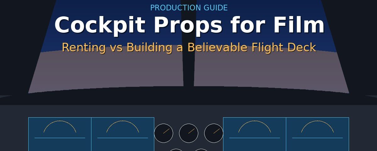 Illustrated airliner cockpit with flight deck screens and gauges for a guide to renting cockpit props for film