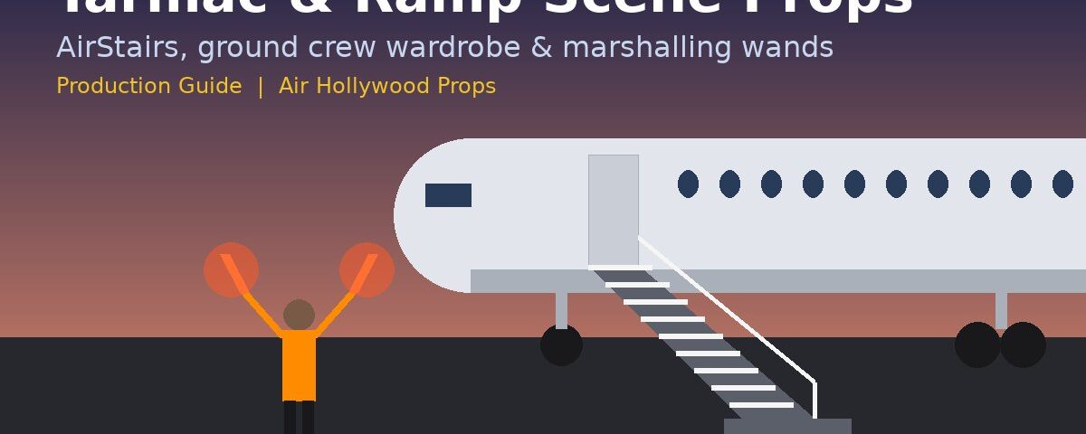 Illustration of boarding stairs at an aircraft door and a marshaller with lit wands on the tarmac