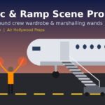 Illustration of boarding stairs at an aircraft door and a marshaller with lit wands on the tarmac